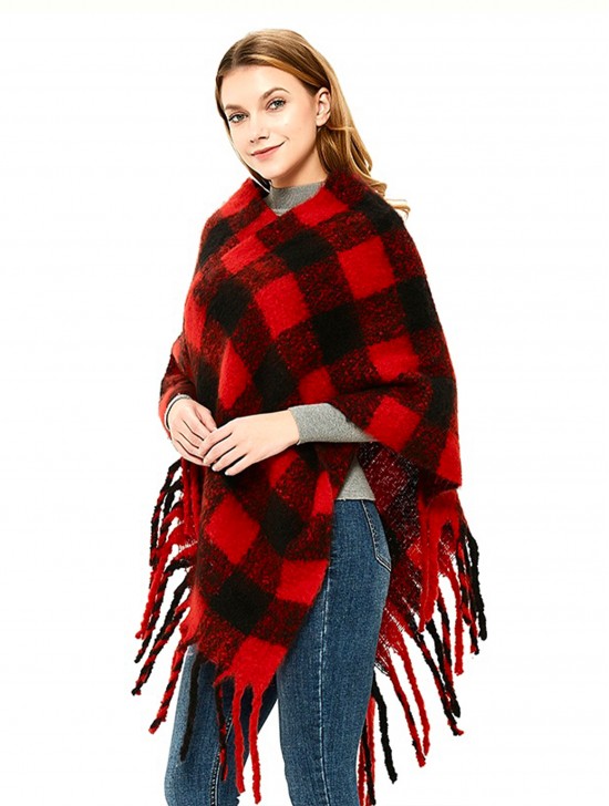 Plaid Poncho with Fringes